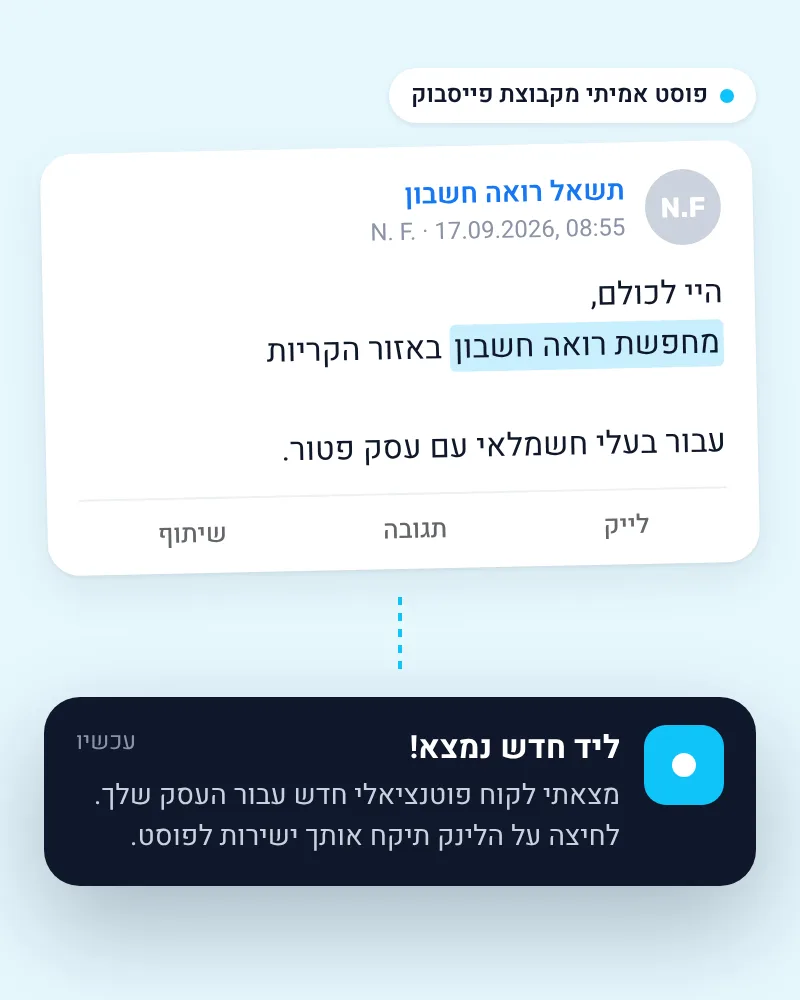 בקשת המלצה על רואה חשבון מקבוצת פייסבוק, והתראת "ליד חדש נמצא!" מקוויקאנגו