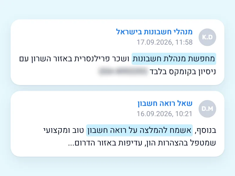 שתי בקשות המלצה אמיתיות מקבוצות פייסבוק, כפי שהן מופיעות בדשבורד של קוויקאנגו